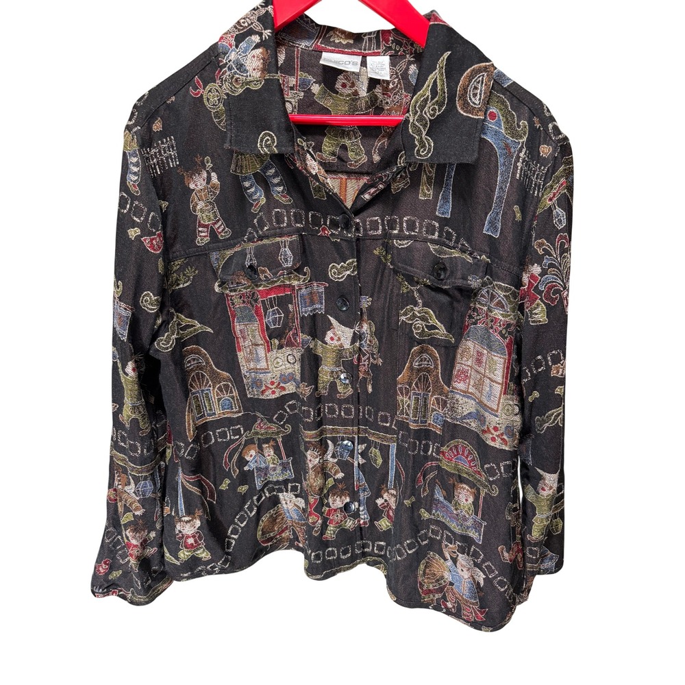 Chico's Jacket SZ 3 Black Silk Blend Tapestry Novelty Print Art To Wear Lightwt